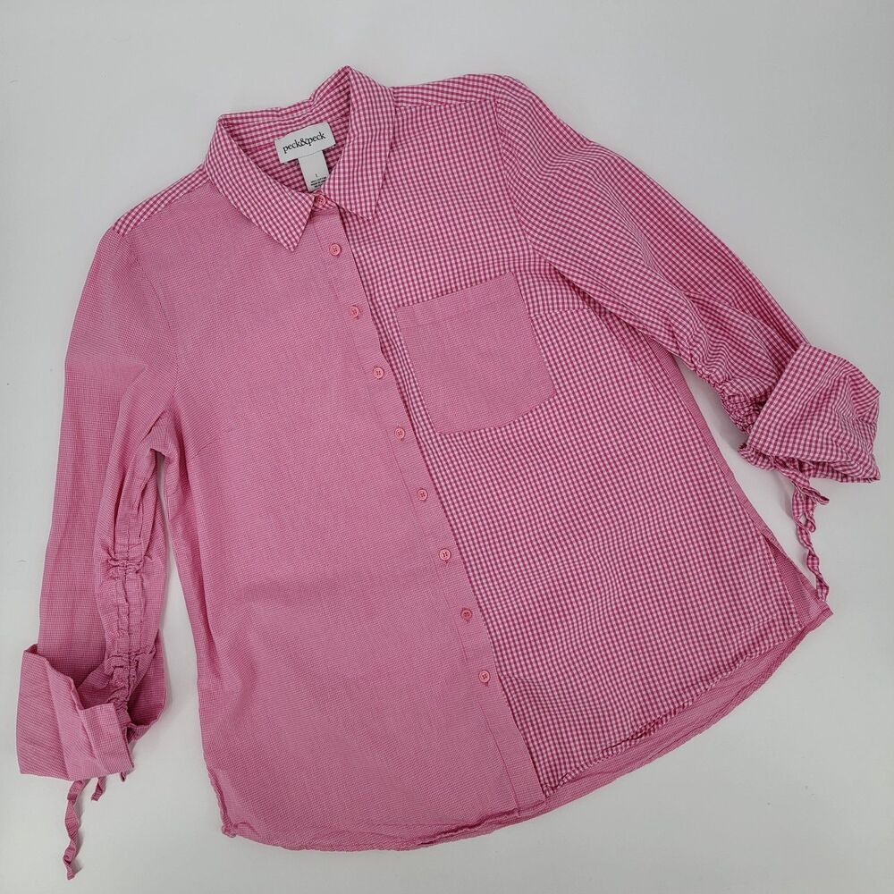 Peck & Peck Womens Sz L Pink/White Gingham Long Sleeve Collar Button Shirt